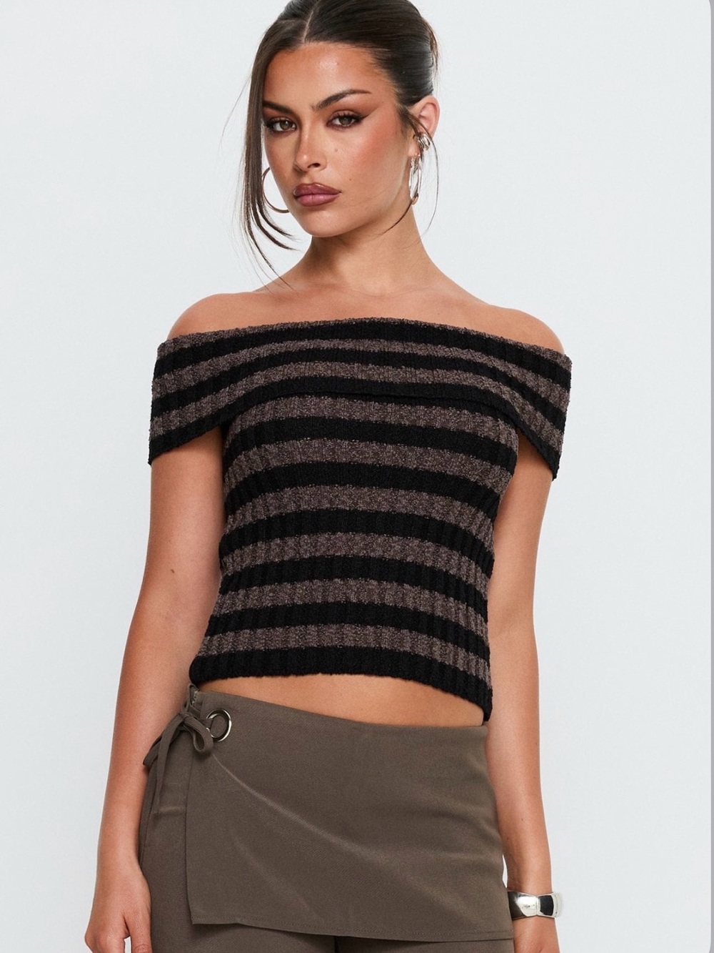 Princess Polly Striped Off-the-Shoulder Crop Sweater